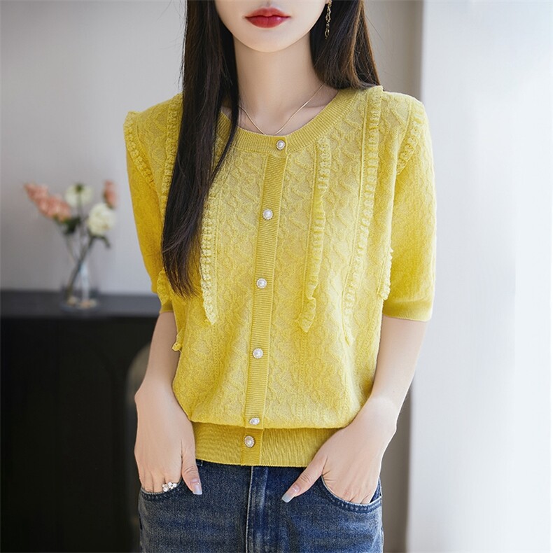 16G圆领蕾丝花边短袖假开衫，女装T恤，暖烁羊绒