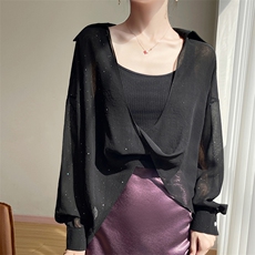 设计感小众衬衫女2025年下高级感白色宽松长袖配吊带裙子防晒罩衫，女装蕾丝衫/雪纺衫，圣丽羊绒