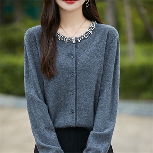 轻奢重工镶钻100%纯羊毛开衫女圆领针织衫毛衣外套宽松羊绒衫上衣图片