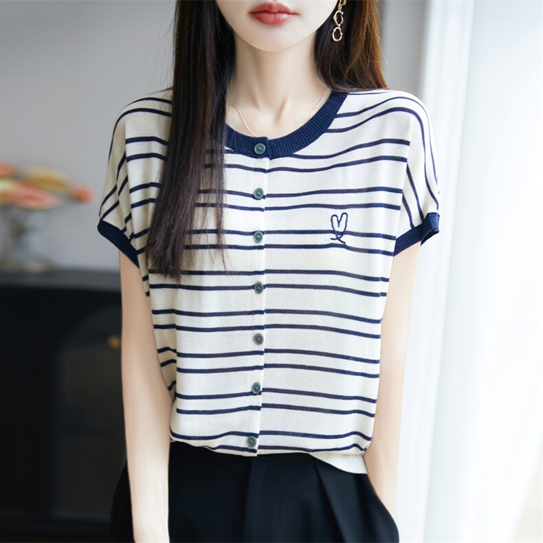 夏季100%天丝针织短袖T恤女圆领条纹爱心刺绣上衣宽松半袖打底衫，女装T恤，源达羊绒