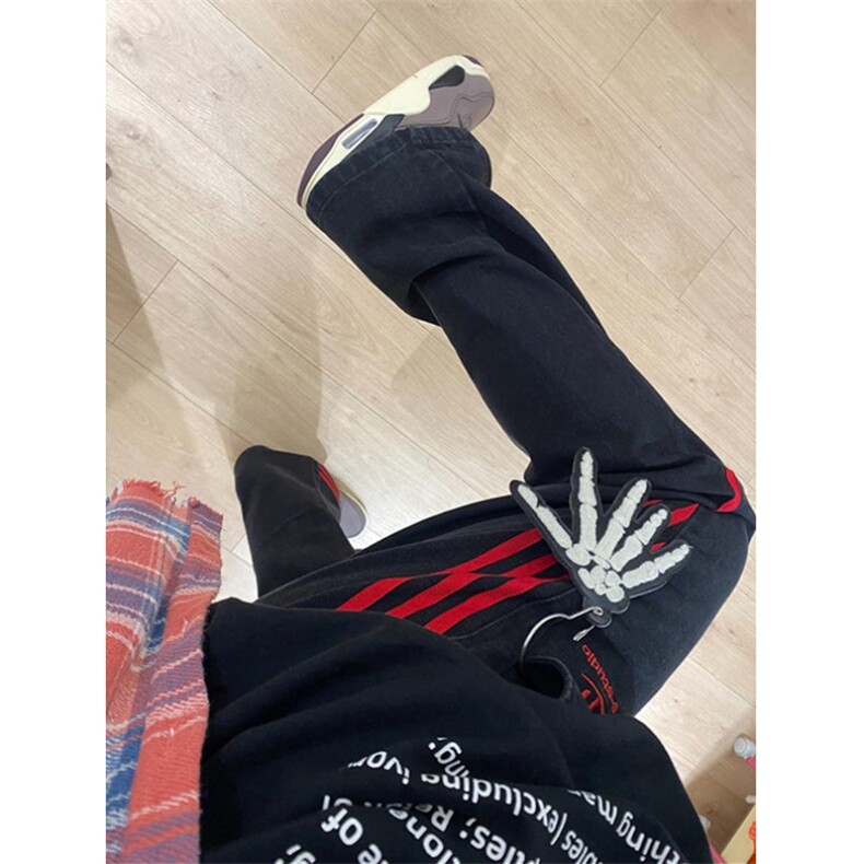 复古红色条纹拼接牛仔裤子bf慵懒风休闲裤微喇直筒裤N706,男装休闲裤,星座1116A（原606A-3）