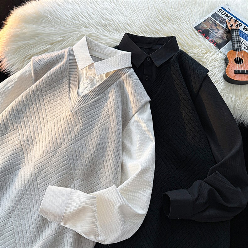 春款男士假两件卫衣衬衫领新款刺绣针织打底衫CS23-P68，男装T恤，电商B278