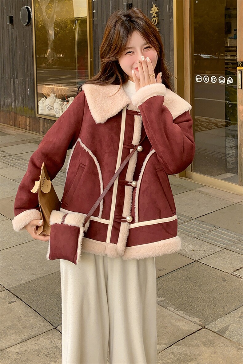 2025冬季新款安克拉红羊羔毛外套配包203-8820-P190-K258,女装羊羔毛/颗粒绒,帛锦泉