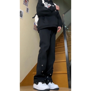 高街美式排扣牛仔裤拉链设计感直筒牛仔裤图片