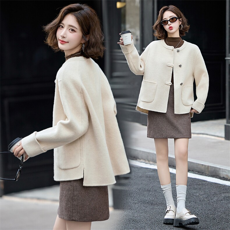 优雅盘扣双面呢羊毛外套女短款百搭洋气毛呢外套，女装双面呢大衣，蝶眷