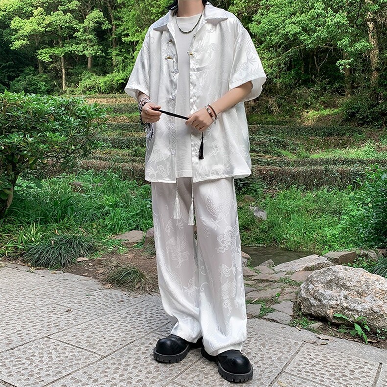 龙纹提花冰丝裤男女夏季新款新中式风穿搭休闲束脚直筒裤套装图片