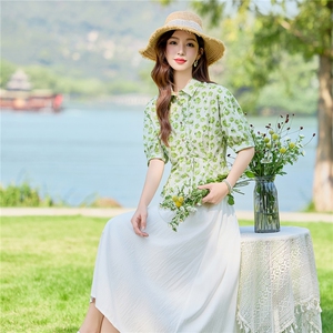 高级感时尚套装裙女春夏短袖绿花衬衫减龄半身裙两件套图片