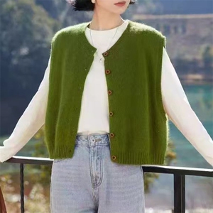 韩系短款外搭马甲外套上衣叠穿绿色超好看小个子马夹无袖毛衣开衫