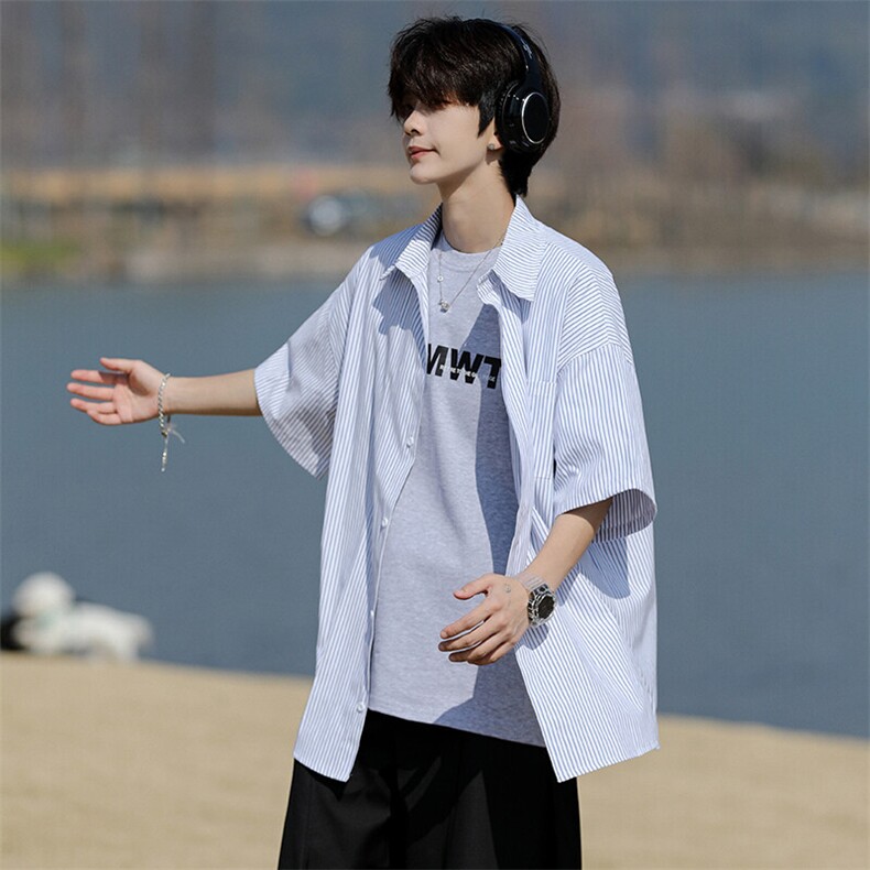8XL-M条纹短袖衬衫男夏季宽松慵懒风痞帅大码衬衣外套DC28001P40,男装衬衫,电商B312