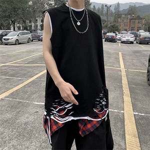 ins个性潮流无袖T恤潮牌破洞背心男潮坎肩破坏下摆打底衫B52-p22图片