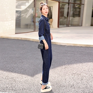 2024新款简约时尚个性气质翻领抽绳收腰显瘦牛仔连体长裤,女装打底裤,瑶迪