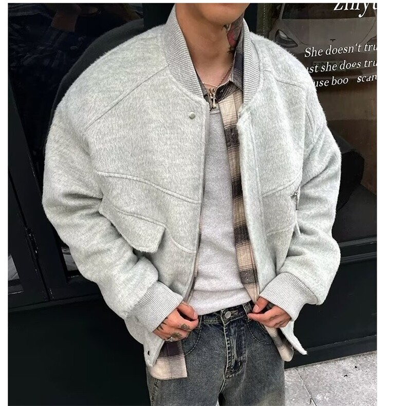 美式潮流夹棉毛呢棉服外套男冬季落肩宽松呢料棉衣夹克图片