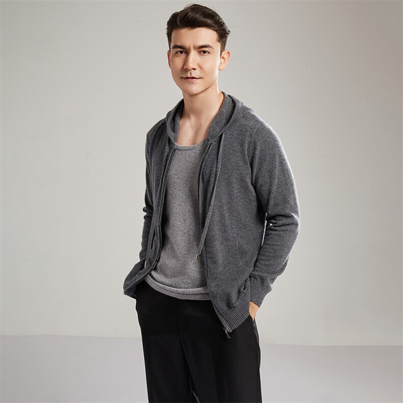 2024秋冬新款山羊绒男士连帽拉链羊绒开衫男装，男装羊绒开衫，镁纯羊绒