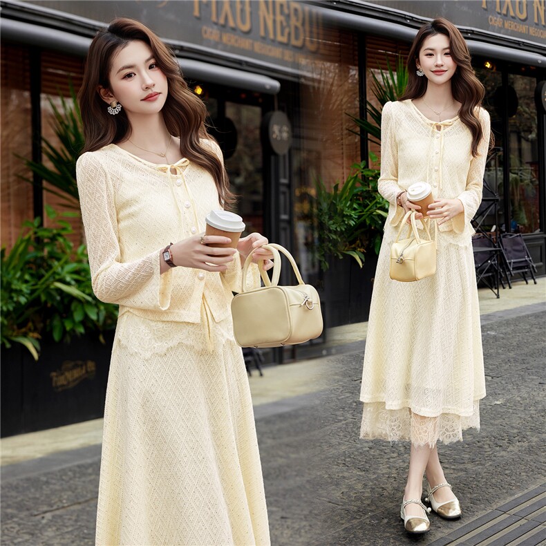 现货2026年春季新款女时尚气质优雅风通用蕾丝拼接两件套装连衣裙，女装套装/套裙，艾贝斯