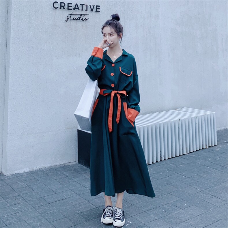 墨绿色休闲显瘦连衣裙女2025春秋季新款法式高级感气质长袖衬衫裙,女装连衣裙,2C056