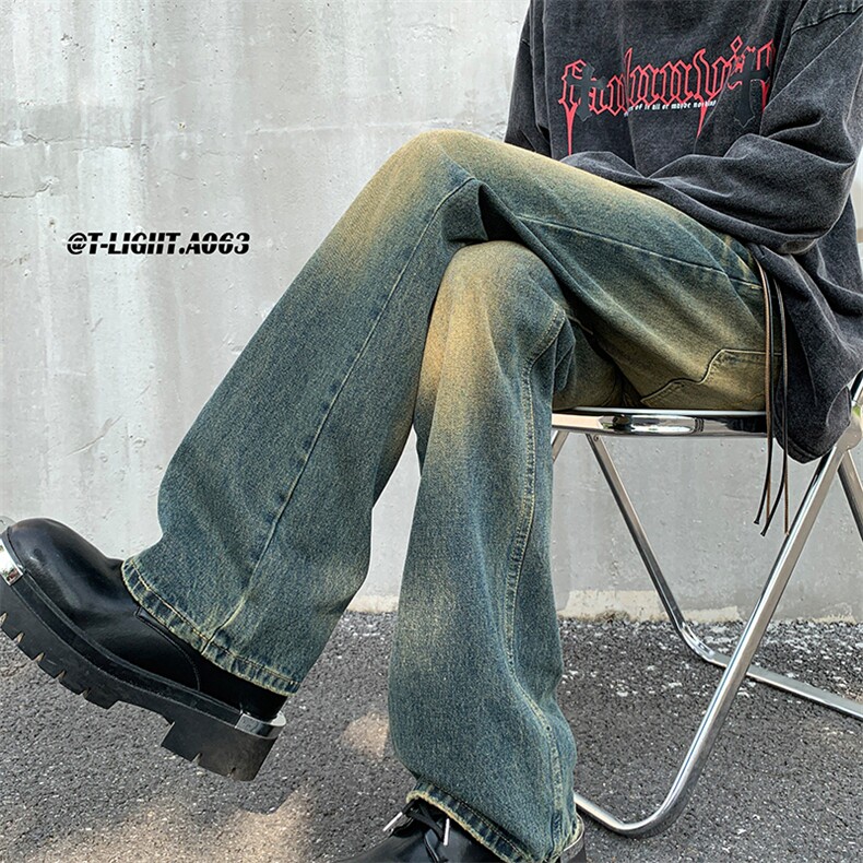 美式ins高街hiphop重工艺水洗微喇复古蓝牛仔裤货号K2320P55控78,男装牛仔裤,电商A063