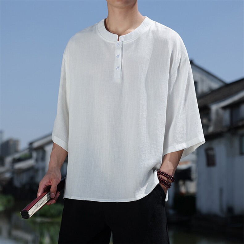 2025夏季风七分袖立领上衣盘扣休闲纯色T恤宽松大码T2510-P60,男装T恤,电商A008