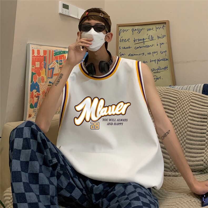 港风纯棉夏季休闲拼色螺纹印花网眼篮球背心男女T6928P35控48,男装背心/马甲,电商A268A