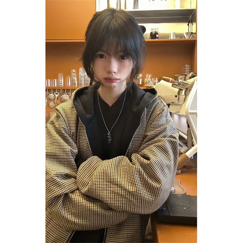 网图有货双面穿千鸟格拉链连帽外套宽松复古帽衫上衣A307-P75,女装短外套,星座1505