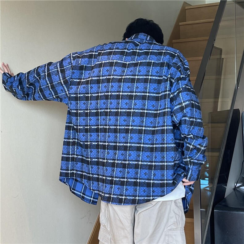 A450-CS2019-P75控99十字架印花格子长袖衬衫上衣,男装衬衫,电商A450