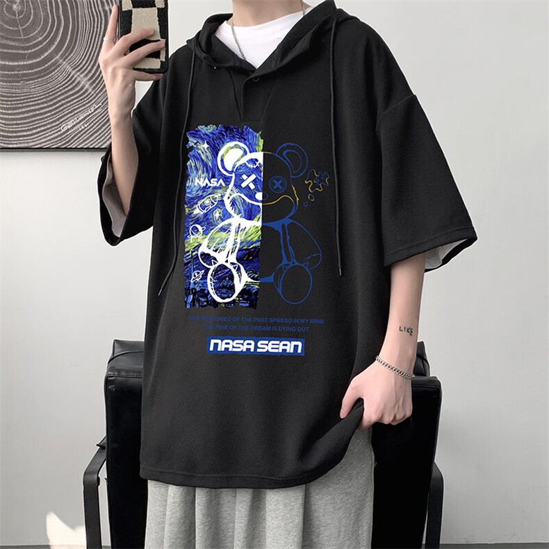 LD54290-P45NASA连帽短袖t恤男大码胖子带帽五分袖中袖,男装T恤,电商A040