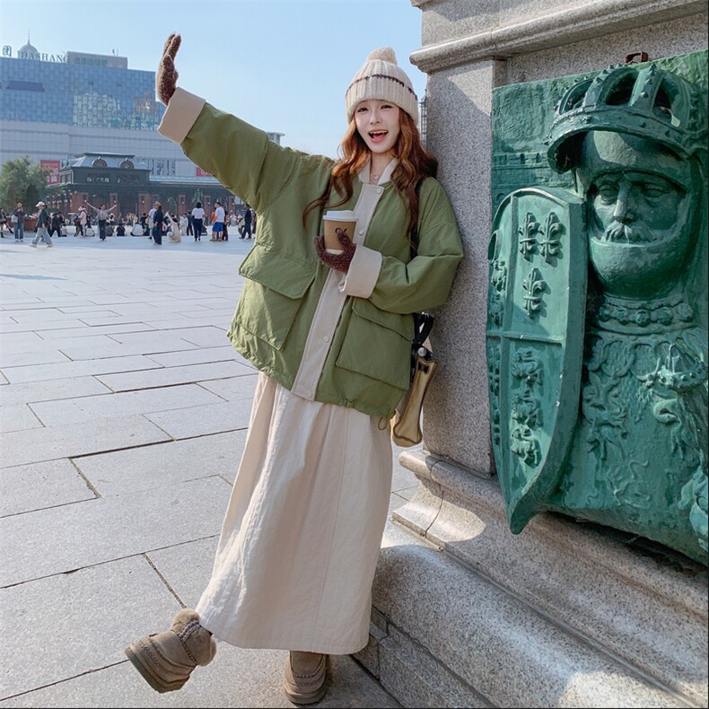 撞色保暖绿色羽绒棉服外套女冬季2025新款减龄多巴胺流行爆款棉衣图片