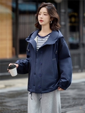 藏青色连帽宽松休闲夹棉外套女2025冬季极简廓形慵懒感小个子棉服，女装棉衣/棉服，梦懿尔