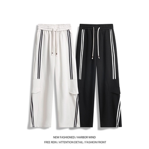 黑色条纹裤子男春秋季2025新款宽松长裤潮牌青少年直筒工装休闲裤图片
