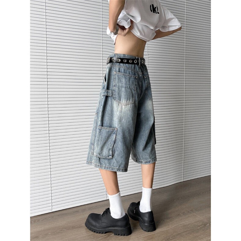 牛仔工装七分裤男2025夏季新款美式复古高街小众短裤D05512-P55,男装牛仔裤,星座308B-1