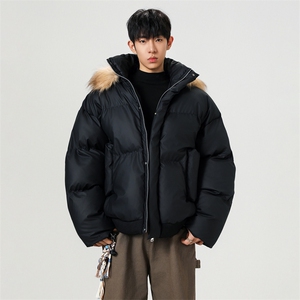 秋冬新款 可二开 休闲百搭连帽毛领PU加厚情侣棉服MY5241 TP90图片