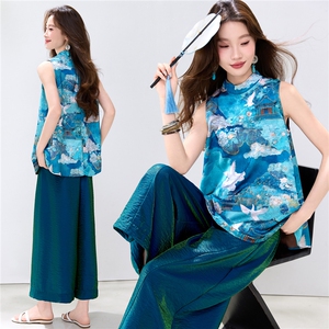 夏季新款现货！2026新中式洋气撞色印花上衣+宽松阔腿裤两件套装图片