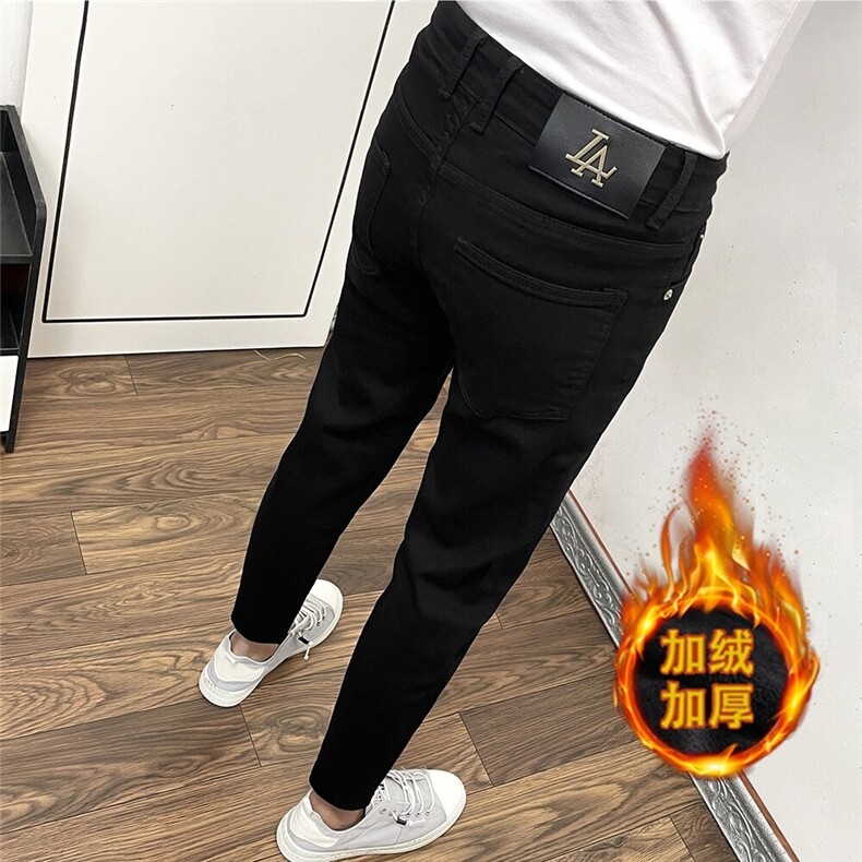 纯黑色2024年修身九分牛仔裤男秋冬长裤新款加绒小脚痞帅潮流潮牌,男装牛仔裤,星座506A