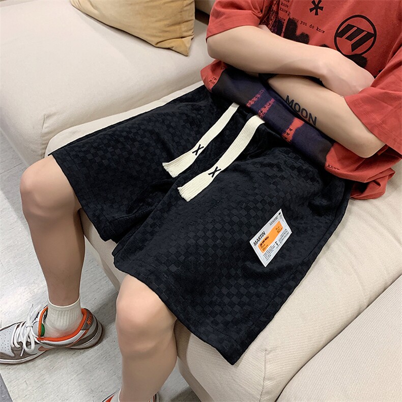 棋盘格短裤男夏季潮休闲沙滩裤贴标美式五分裤子K09-P40-控68图片