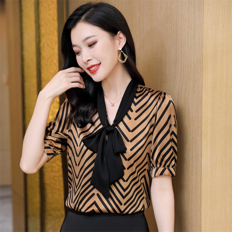 欧货条纹真丝衬衫女2022春新款蝴蝶结法式桑蚕丝大牌上衣欧货小,女装衬衫,阿舍尔精品