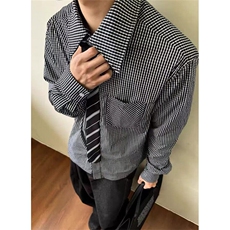 春季黄金搭配领带装饰细格子拼接衬衫轻奢老钱风衬衣男C367，男装衬衫，星座1116A（原606A-3）