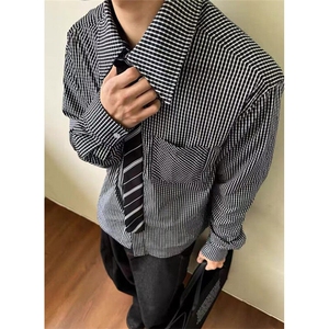 春季黄金搭配领带装饰细格子拼接衬衫轻奢老钱风衬衣男 C367图片