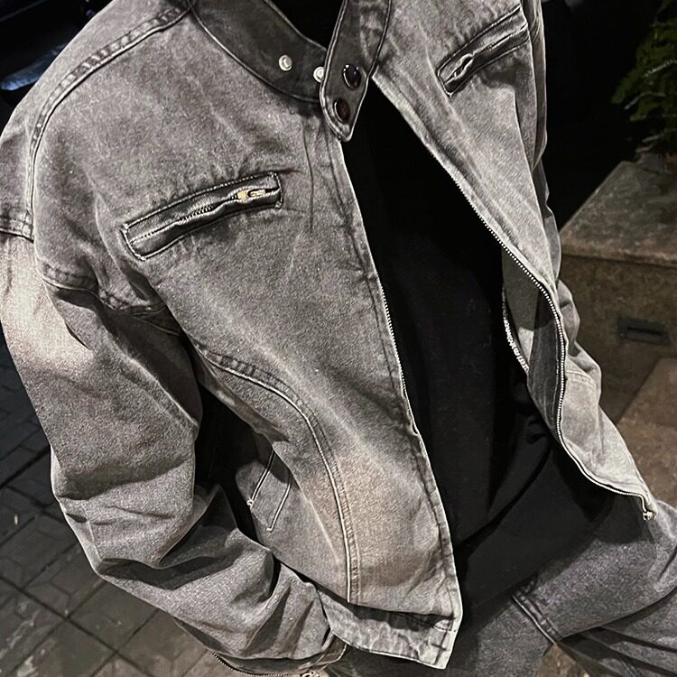 水洗黑机车风夹克男无领多拉链设计宽松痞帅牛仔外套上衣 JK8947图片