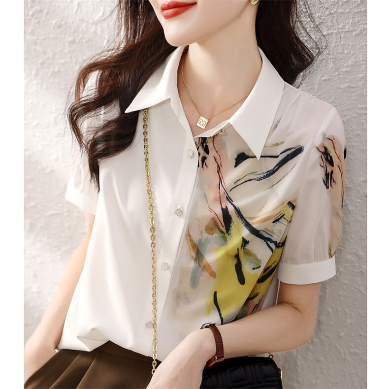 夏季新款水墨画印花上衣拼接设计感百搭衬衫，女装衬衫，美吧服饰