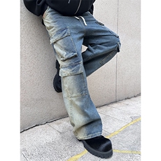 B221美式ins高街重工艺宽松做旧工装牛仔裤子LK23143-P80控108，男装牛仔裤，电商B221
