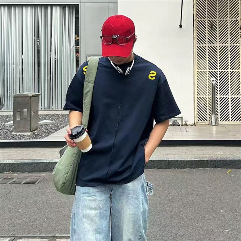 万针全刺绣工艺抖音得物高品质260克重磅纯棉双纱美式高街短袖T恤,男装T恤,电商A486