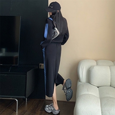 女春季洋气拼接色连帽卫衣直筒卫裤套装，女装套装/套裙，江南