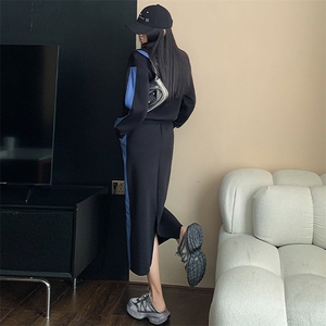女春季洋气拼接色连帽卫衣直筒卫裤套装图片