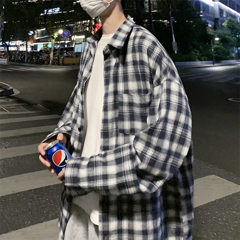 24秋装港风情侣中性格子长袖衬衫外套宽松百搭复古ins潮H216/P45,男装衬衫,钱塘713