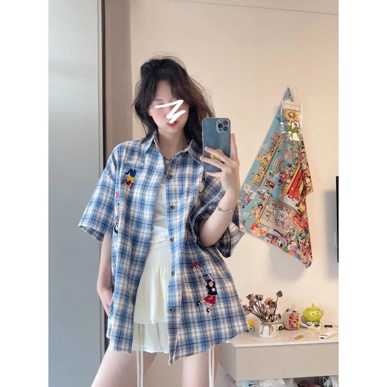 复古格子短袖衬衫女cleanfit刺绣小众设计感夏季百搭衬衣CN621,男装T恤,星座1116A（原606A-3）