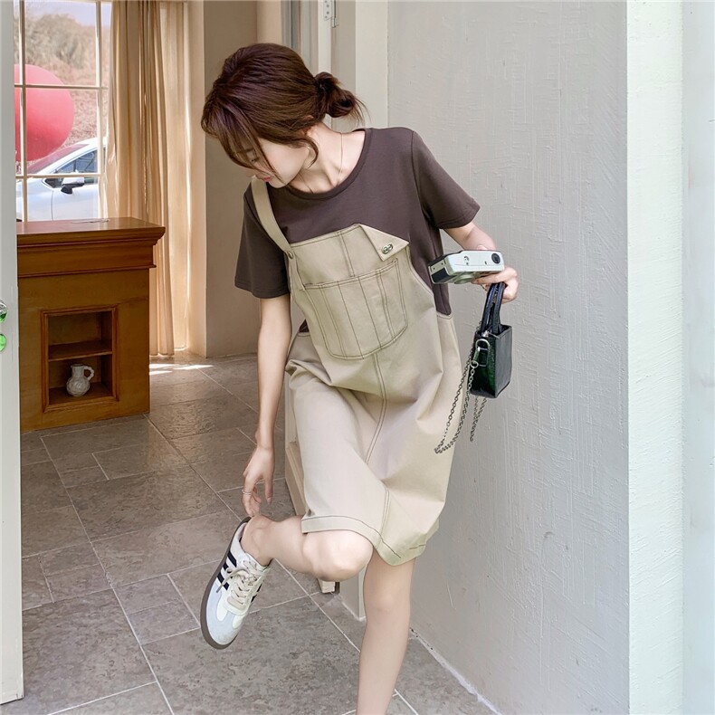 卡其色假两件拼接背带连衣裙女夏2025新款学院风小个子高级感裙子,女装连衣裙,2D044