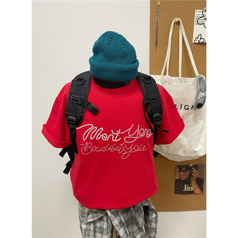 三本针260G高品质珍珠字母圆领短袖T恤中性港风假模G1200-P35白，男装T恤，电商C310