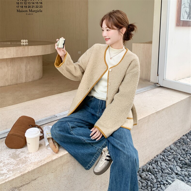 撞色圆领皮毛一体外套女2025冬季新款慵懒风宽松休闲百搭加厚上衣,女装毛呢外套,2C198