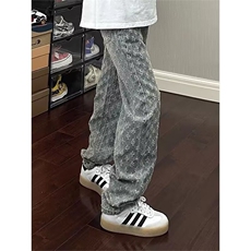 欧美高街hiphop高端男士牛仔裤满印提花潮牌宽松直筒美式微喇裤子，男装牛仔裤，四季星座505