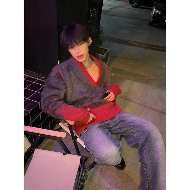 小众渐变V领仿貂毛提花针织衫高级感毛衫外套MY277特P65,男装针织衫/毛衣,星座908-1