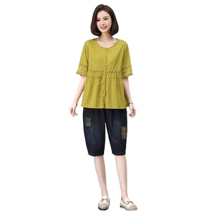 时尚宽松显瘦短袖上衣+牛仔裤套装女夏季新款休闲两件套图片
